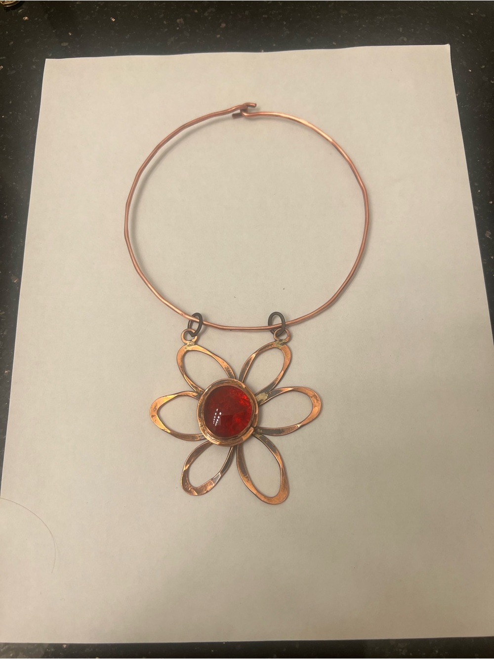 Rafael Canada Vintage Copper Flower Pendant Necklace with Red glass Center